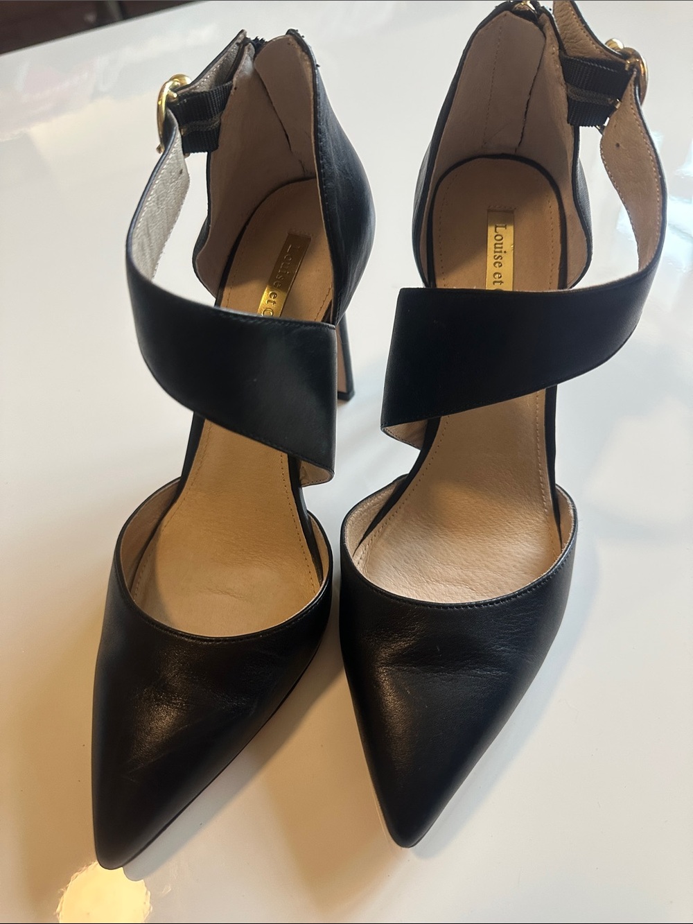 Louise et Cie Black Pointed Leather Crisscross Ankle-Strap Heels